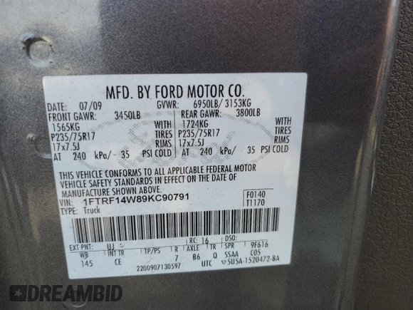 2009 Ford F-150 XL with VIN 1FTRF14W89KC90791, listed as a Copart auction lot 79266024 with 66,335 mi miles and Salvage title. Bid and sale history available at DreamBid. Image 12.