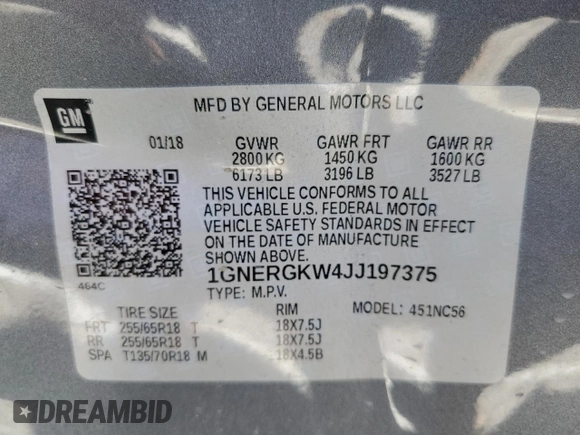 2018 Chevrolet Traverse LT Cloth with VIN 1GNERGKW4JJ197375, listed as a Copart auction lot 57534965 with 74,833 mi miles and Salvage title. Bid and sale history available at DreamBid. Image 13.
