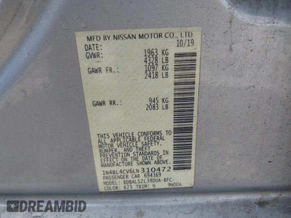 2020 Nissan Altima SR with VIN 1N4BL4CV6LN310472, listed as a IAAI auction lot 41919890 with 122,705 mi miles and . Bid and sale history available at carsss.com. Image 9.
