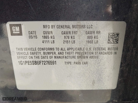 2015 Chevrolet Cruze LT with VIN 1G1PE5SB6F7276591, listed as a IAAI auction lot 41846813 with 118,695 mi miles. Bid and sale history available at carsss.com. Image 9.