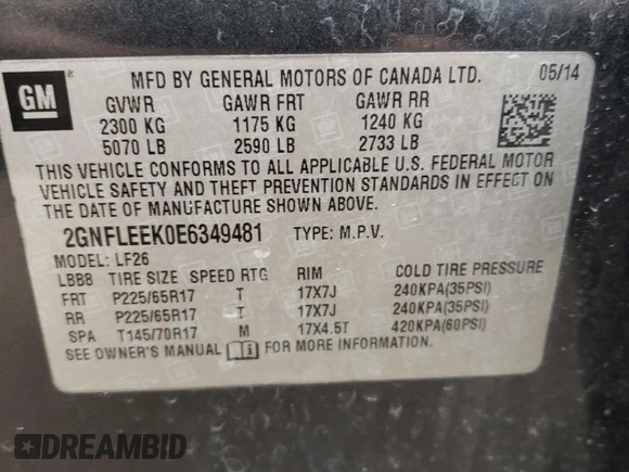 2014 Chevrolet Equinox LS with VIN 2GNFLEEK0E6349481, listed as a Copart auction lot 45725425 with 151,513 mi miles and Salvage Title. Bid and sale history available at DreamBid. Image 13.