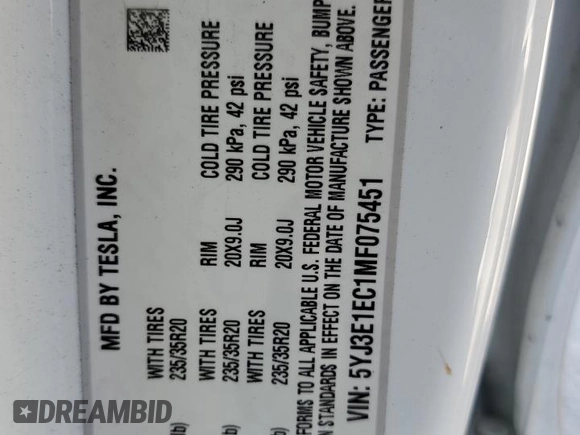 2021 Tesla Model 3 Performance z VIN 5YJ3E1EC1MF075451, wystawiony jako Copart lot #60354235 z przebiegiem 52 662 mil mil oraz Szkoda całkowita • Salvage title. Historia ofert i sprzedaży dostępna na DreamBid. Obrazek 12.