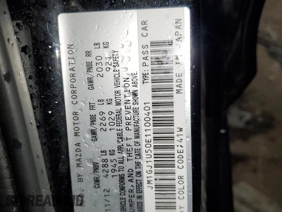 2014 Mazda 6 i Sport with VIN JM1GJ1U50E1100401, listed as a Copart auction lot 51338125 with 143,171 mi miles and Non Repairable. Bid and sale history available at DreamBid. Image 12.
