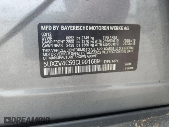 2012 BMW X5 35i with VIN 5UXZV4C59CL991689, listed as a Copart auction lot 64022615 with 208,620 mi miles and Salvage title. Bid and sale history available at DreamBid. Image 13.
