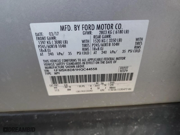 2017 Ford Explorer XLT with VIN 1FM5K8D81HGC44558, listed as a Copart auction lot 42181735 with 107,356 mi miles and Salvage Title. Bid and sale history available at carsss.com. Image 13.