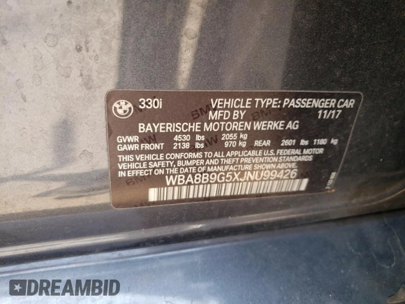 2018 BMW 3 Series 330i with VIN WBA8B9G5XJNU99426, listed as a Copart auction lot 58960805 with 358,602 mi miles and Salvage title. Bid and sale history available at DreamBid. Image 12.