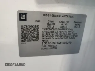 2021 Chevrolet Malibu LT with VIN 1G1ZD5ST4MF003270, listed as a Copart auction lot 54102205 with 14,749 mi miles and Salvage Title. Bid and sale history available at DreamBid. Image 12.