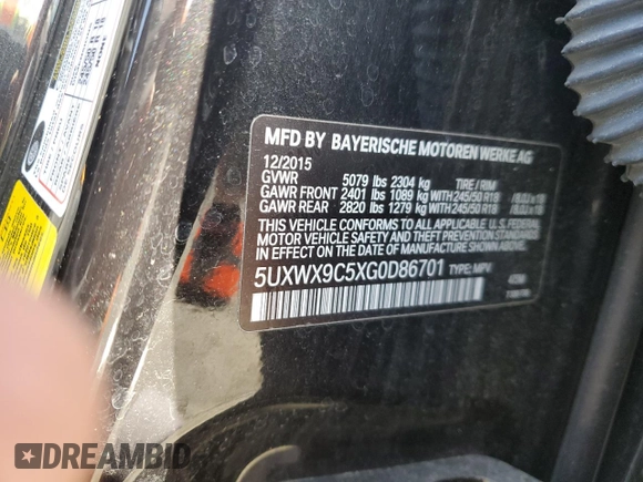 2016 BMW X3 xDrive28i with VIN 5UXWX9C5XG0D86701, listed as a Copart auction lot 51697295 with 84,310 mi miles and Salvage Title. Bid and sale history available at DreamBid. Image 14.