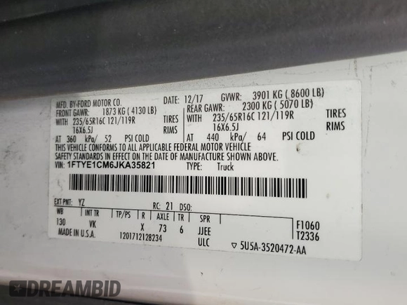 2018 Ford Transit with VIN 1FTYE1CM6JKA35821, listed as a Copart auction lot 53590534 with 82,324 mi miles and Salvage Title. Bid and sale history available at DreamBid. Image 14.