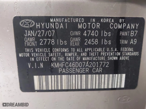 2007 Hyundai Azera GLS with VIN KMHFC46D07A201772, listed as a IAAI auction lot 41212596 with 314,234 mi miles. Bid and sale history available at carsss.com. Image 9.