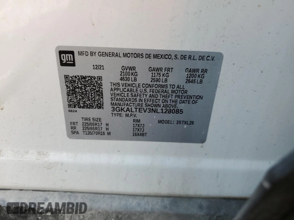 2022 GMC Terrain SLE z VIN 3GKALTEV3NL128085, wystawiony jako Copart lot #55044035 z przebiegiem 89 619 mil mil oraz Szkoda całkowita • Salvage title. Historia ofert i sprzedaży dostępna na DreamBid. Obrazek 13.