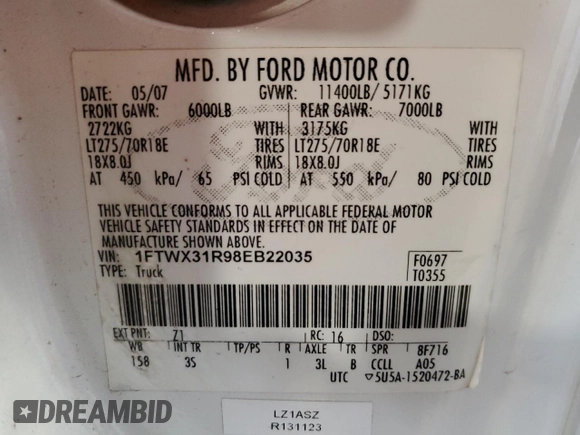 2008 Ford F-350 XL with VIN 1FTWX31R98EB22035, listed as a Copart auction lot 43644045 with 272,372 mi miles and Salvage Title. Bid and sale history available at DreamBid. Image 12.