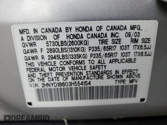 2003 Acura MDX Touring Pkg with VIN 2HNYD18603H554154, listed as a Copart auction lot 83293384 with 95,240 mi miles and Salvage Title. Bid and sale history available at carsss.com. Image 13.