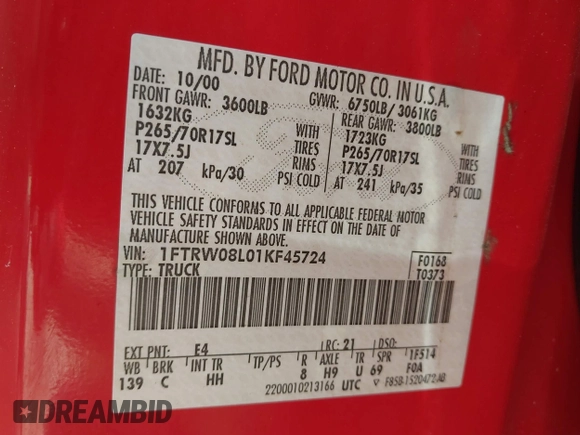 2001 Ford F-150 XLT с VIN 1FTRW08L01KF45724, выставлен на аукционе IAAI как лот 42382019 с пробегом 114 953 миль миль и . История ставок и продаж доступна на DreamBid. Изображение 9.