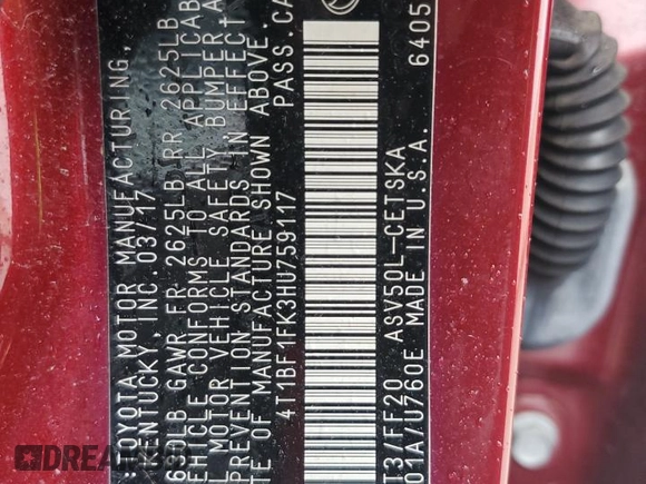 2017 Toyota Camry XLE z VIN 4T1BF1FK3HU759117, wystawiony jako Copart lot #55695805 z przebiegiem 43 144 mil mil oraz Szkoda całkowita • Salvage title. Historia ofert i sprzedaży dostępna na DreamBid. Obrazek 12.