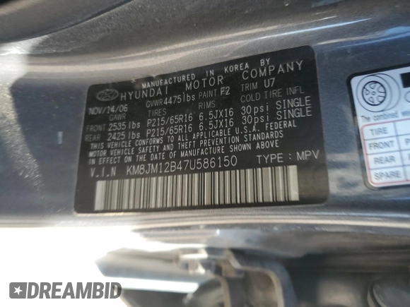 2007 Hyundai Tucson GLS with VIN KM8JM12B47U586150, listed as a Copart auction lot 75758794 with 203,714 mi miles and Clean Title. Bid and sale history available at carsss.com. Image 12.