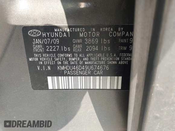 2009 Hyundai Elantra SE z VIN KMHDU46D49U674676, wystawiony jako IAAI lot #42411018 z przebiegiem 107 655 mil mil oraz . Historia ofert i sprzedaży dostępna na DreamBid. Obrazek 9.
