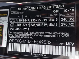 2019 Mercedes-Benz GLC with VIN WDC0G4KBXKF549538, listed as a IAAI auction lot 41878364 with 37,436 mi miles. Bid and sale history available at carsss.com. Image 9.