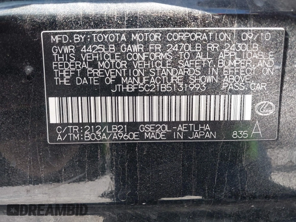 2011 Lexus IS 250 z VIN JTHBF5C21B5131993, wystawiony jako IAAI lot #42239387 z przebiegiem 239 610 mil mil oraz . Historia ofert i sprzedaży dostępna na DreamBid. Obrazek 9.