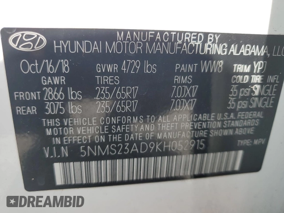 2019 Hyundai Santa Fe SE with VIN 5NMS23AD9KH052915, listed as a Copart auction lot 64799885 with 172,445 mi miles and Clean title. Bid and sale history available at DreamBid. Image 13.