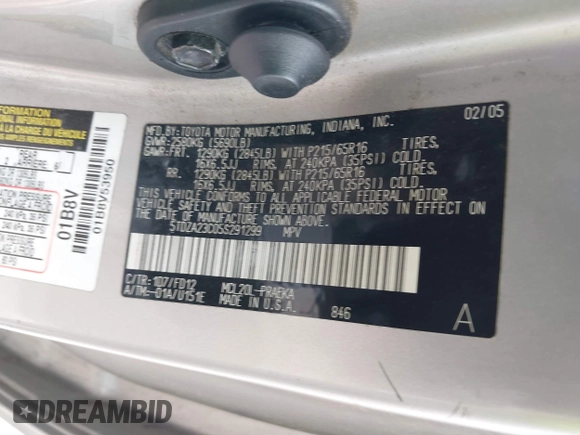 2005 Toyota Sienna CE z VIN 5TDZA23C05S291299, wystawiony jako IAAI lot #42283495 z przebiegiem 229 275 mil mil oraz . Historia ofert i sprzedaży dostępna na DreamBid. Obrazek 9.