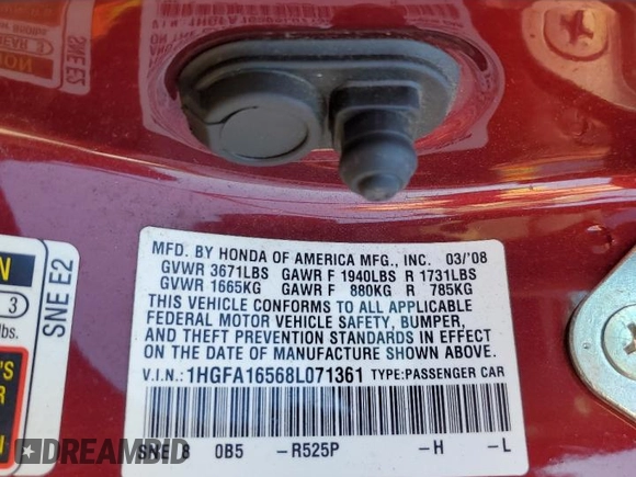 2008 Honda Civic LX z VIN 1HGFA16568L071361, wystawiony jako Copart lot #57340675 z przebiegiem 186 658 mil mil oraz Szkoda całkowita • Salvage title. Historia ofert i sprzedaży dostępna na DreamBid. Obrazek 12.