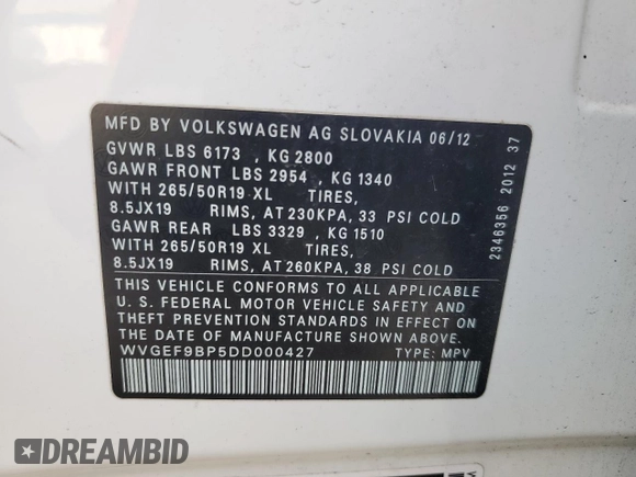2013 Volkswagen Touareg Lux with VIN WVGEF9BP5DD000427, listed as a Copart auction lot 82340364 with Not Provided miles and Salvage Title. Bid and sale history available at DreamBid. Image 16.