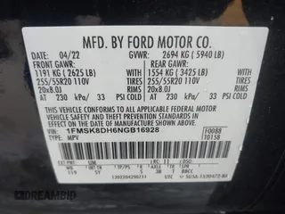 2022 Ford Explorer XLT with VIN 1FMSK8DH6NGB16928, listed as a IAAI auction lot 41917630 with 51,427 mi miles and . Bid and sale history available at DreamBid. Image 9.