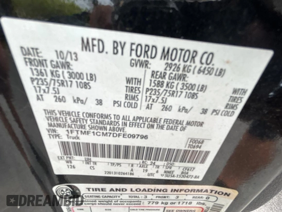 2013 Ford F-150 XL with VIN 1FTMF1CM7DFE09796, listed as a Copart auction lot 59937875 with 67,872 mi miles and Clean title. Bid and sale history available at DreamBid. Image 10.
