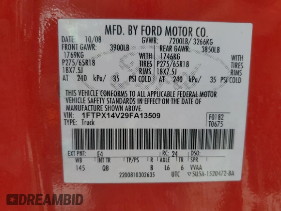 2009 Ford F-150 XL with VIN 1FTPX14V29FA13509, listed as a Copart auction lot 57792265 with 229,312 mi miles and Salvage title. Bid and sale history available at DreamBid. Image 12.