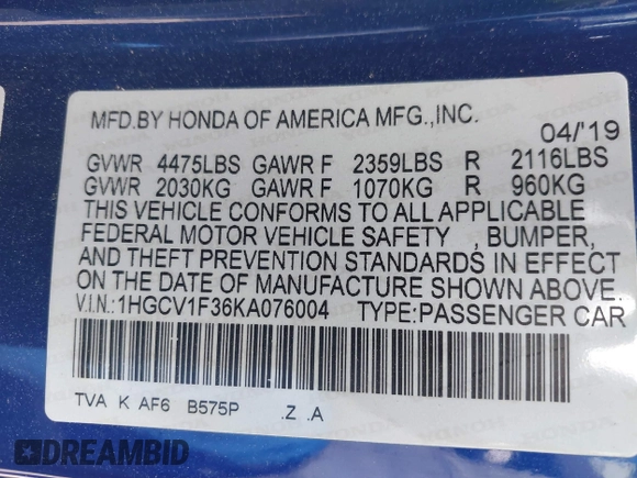 2019 Honda Accord Sport with VIN 1HGCV1F36KA076004, listed as a IAAI auction lot 42130414 with 75,689 mi miles and . Bid and sale history available at DreamBid. Image 9.
