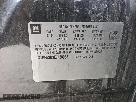 2014 Chevrolet Cruze 2LT с VIN 1G1PE5SB3E7428938, выставлен на аукционе Copart как лот 57038955 с пробегом 166 558 миль миль и Чистый • Clean title. История ставок и продаж доступна на DreamBid. Изображение 12.