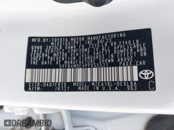 2023 Toyota Corolla LE with VIN 5YFB4MDE4PP055531, listed as a IAAI auction lot 42135999 with 41,631 mi miles and . Bid and sale history available at DreamBid. Image 9.