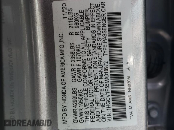 2021 Honda Accord EX-L with VIN 1HGCV1F55MA018972, listed as a Copart auction lot 56281255 with 33,581 mi miles and Salvage title. Bid and sale history available at DreamBid. Image 12.