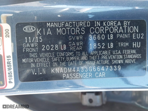 2016 Kia Rio LX with VIN KNADM4A33G6647339, listed as a IAAI auction lot 41964061 with 59,302 mi miles. Bid and sale history available at carsss.com. Image 9.