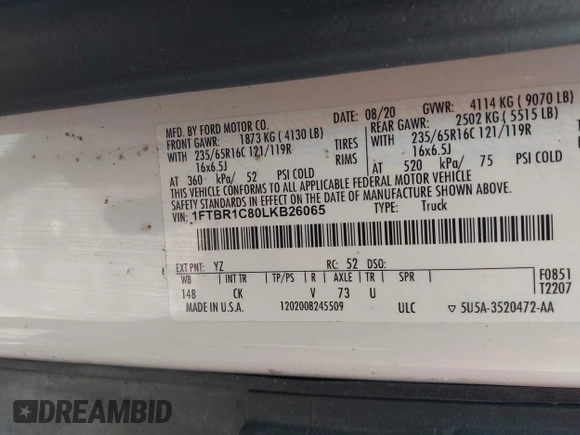 2020 Ford Transit Cargo z VIN 1FTBR1C80LKB26065, wystawiony jako IAAI lot #42545264 z przebiegiem 54 978 mil mil oraz . Historia ofert i sprzedaży dostępna na DreamBid. Obrazek 9.