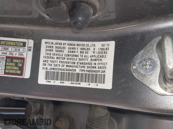 2012 Honda Insight LX with VIN JHMZE2H54CS004239, listed as a IAAI auction lot 42197049 with 113,350 mi miles and . Bid and sale history available at DreamBid. Image 9.