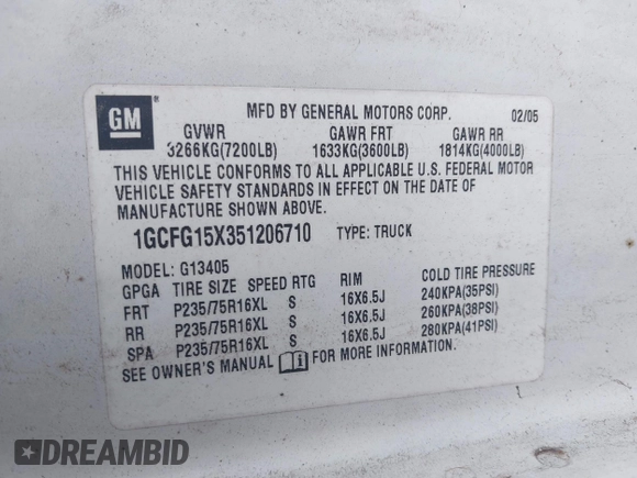 2005 Chevrolet Express Cargo with VIN 1GCFG15X351206710, listed as a IAAI auction lot 40946502 with 242,421 mi miles and . Bid and sale history available at DreamBid. Image 9.