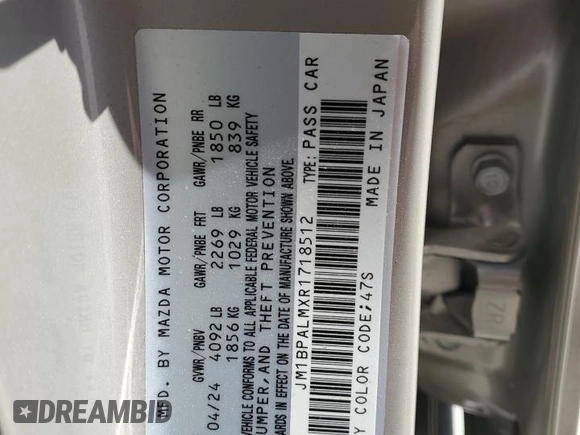 2024 Mazda 3 S Preferred z VIN JM1BPALMXR1718512, wystawiony jako Copart lot #44570995 z przebiegiem 4 332 mil mil oraz Szkoda całkowita • Salvage title. Historia ofert i sprzedaży dostępna na DreamBid. Obrazek 15.