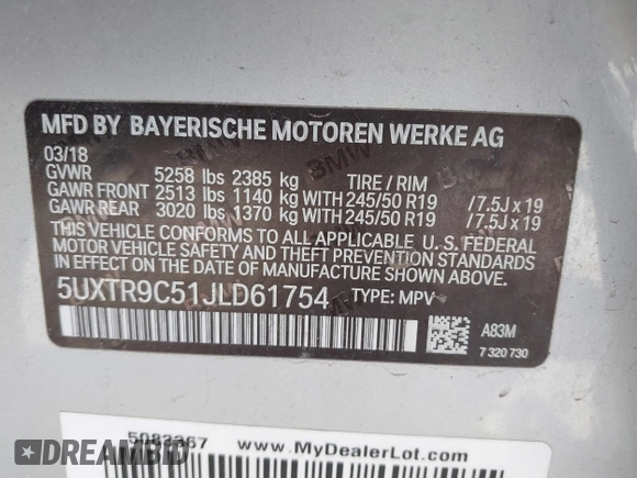 2018 BMW X3 xDrive30i with VIN 5UXTR9C51JLD61754, listed as a IAAI auction lot 41775727 with 40,778 mi miles and . Bid and sale history available at DreamBid. Image 9.