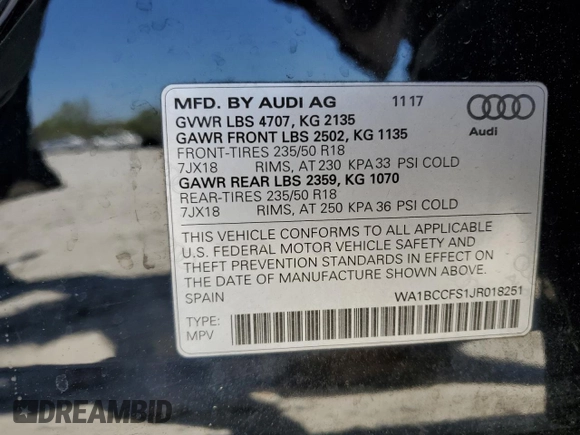 2018 Audi Q3 Premium z VIN WA1BCCFS1JR018251, wystawiony jako Copart lot #53403755 z przebiegiem 96 134 mil mil oraz Szkoda całkowita • Salvage title. Historia ofert i sprzedaży dostępna na DreamBid. Obrazek 16.