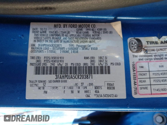 2012 Ford Fusion SEL with VIN 3FAHP0JA5CR203871, listed as a IAAI auction lot 41500758 with 217,614 mi miles and . Bid and sale history available at carsss.com. Image 9.