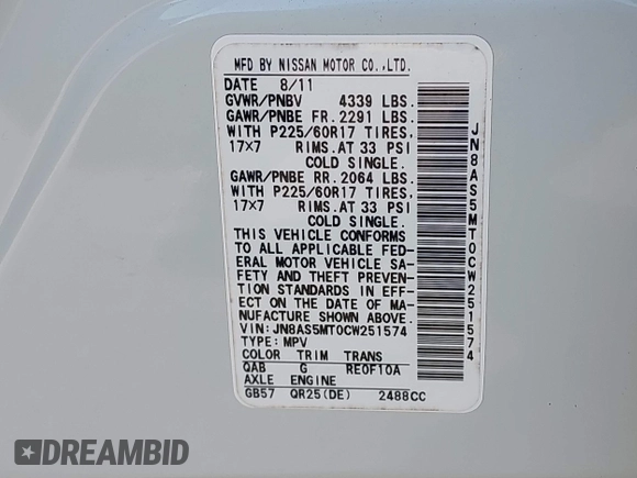 2012 Nissan Rogue S with VIN JN8AS5MT0CW251574, listed as a IAAI auction lot 41566182 with 78,163 mi miles and . Bid and sale history available at DreamBid. Image 9.