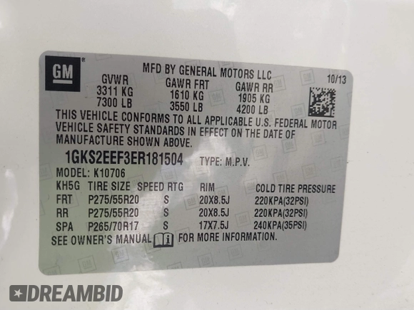 2014 GMC Yukon Denali with VIN 1GKS2EEF3ER181504, listed as a IAAI auction lot 41267224 with 165,478 mi miles. Bid and sale history available at carsss.com. Image 9.