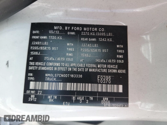 2013 Ford Transit Connect XL with VIN NM0LS7CN0DT163336, listed as a Copart auction lot 58721785 with Not provided miles and Non repairable. Bid and sale history available at DreamBid. Image 14.