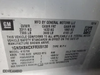 2015 Chevrolet Tahoe LT with VIN 1GNSKBKCXFR309136, listed as a Copart auction lot 44278505 with 136,978 mi miles and Salvage Title. Bid and sale history available at carsss.com. Image 14.