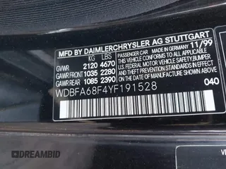 2000 Mercedes-Benz SL-Class with VIN WDBFA68F4YF191528, listed as a IAAI auction lot 41775425 with 86,654 mi miles. Bid and sale history available at carsss.com. Image 9.
