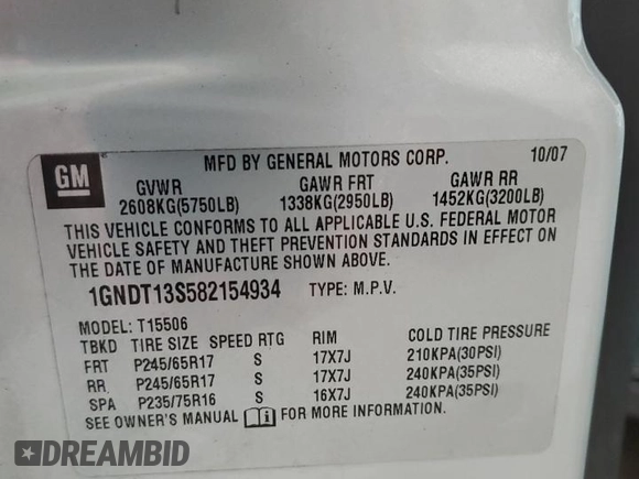 2008 Chevrolet TrailBlazer 1LT with VIN 1GNDT13S582154934, listed as a Copart auction lot 52850345 with 249,534 mi miles and Salvage Title. Bid and sale history available at DreamBid. Image 13.