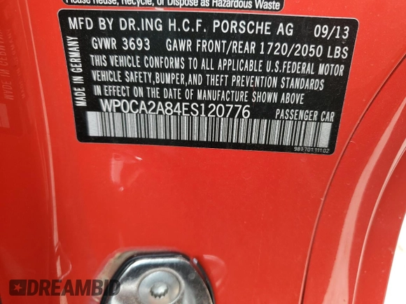2014 Porsche Boxster с VIN WP0CA2A84ES120776, выставлен на аукционе Copart как лот 55260155 с пробегом 63 891 миль миль и Списание • Salvage title. История ставок и продаж доступна на DreamBid. Изображение 13.