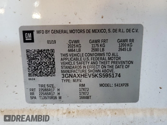 2019 Chevrolet Equinox LS with VIN 3GNAXHEV5KS595174, listed as a Copart auction lot 50412685 with 108,253 mi miles and Salvage Title. Bid and sale history available at carsss.com. Image 14.